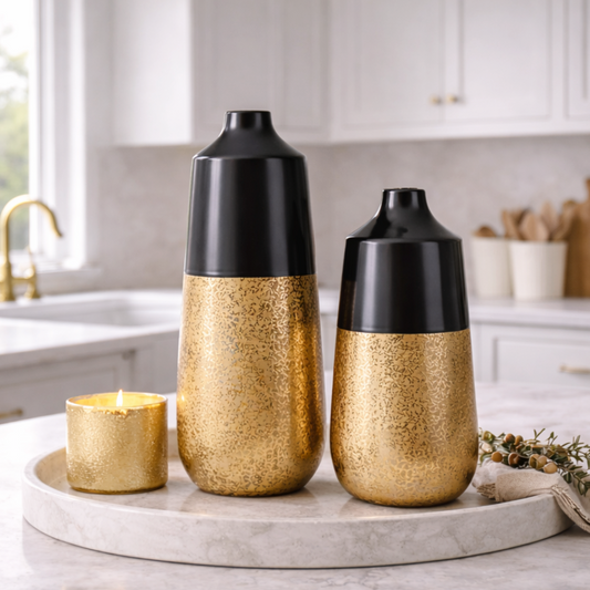 Black & Gold Textured Ceramic Vase, Small with a larger one on a kitchen worktop tray