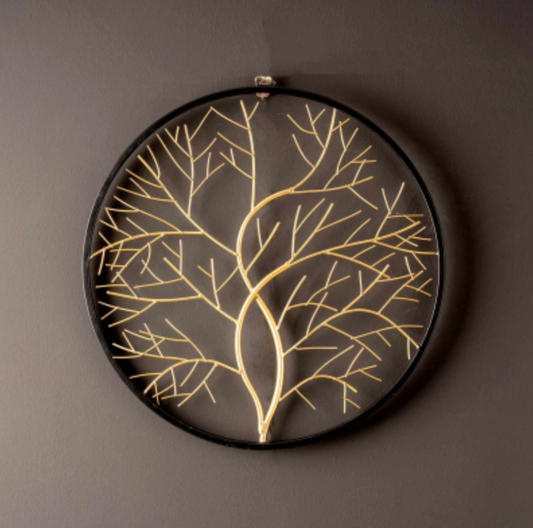 Black & Gold Tree Wall Hanging 50cm on a grey wall, gold tree of life in a black ring