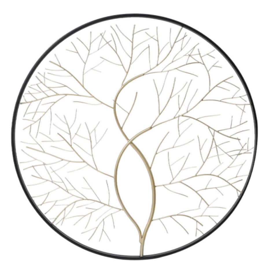 Black & Gold Tree Wall Hanging 50cm, gold branch design in a black metal ring, on white