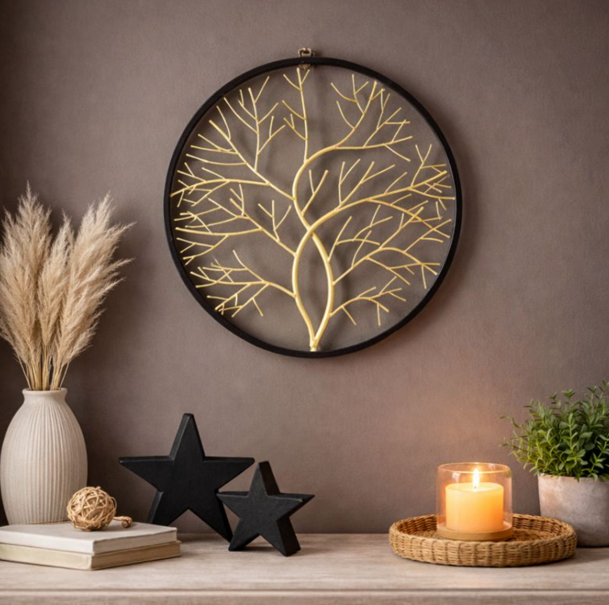 Black & Gold Tree Wall Hanging 50cm above a shelf with pampas grass, stars and a candle