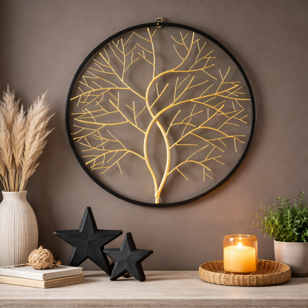 Black & Gold Tree Wall Hanging 71cm, gold branches in a black ring, above a shelf with candles