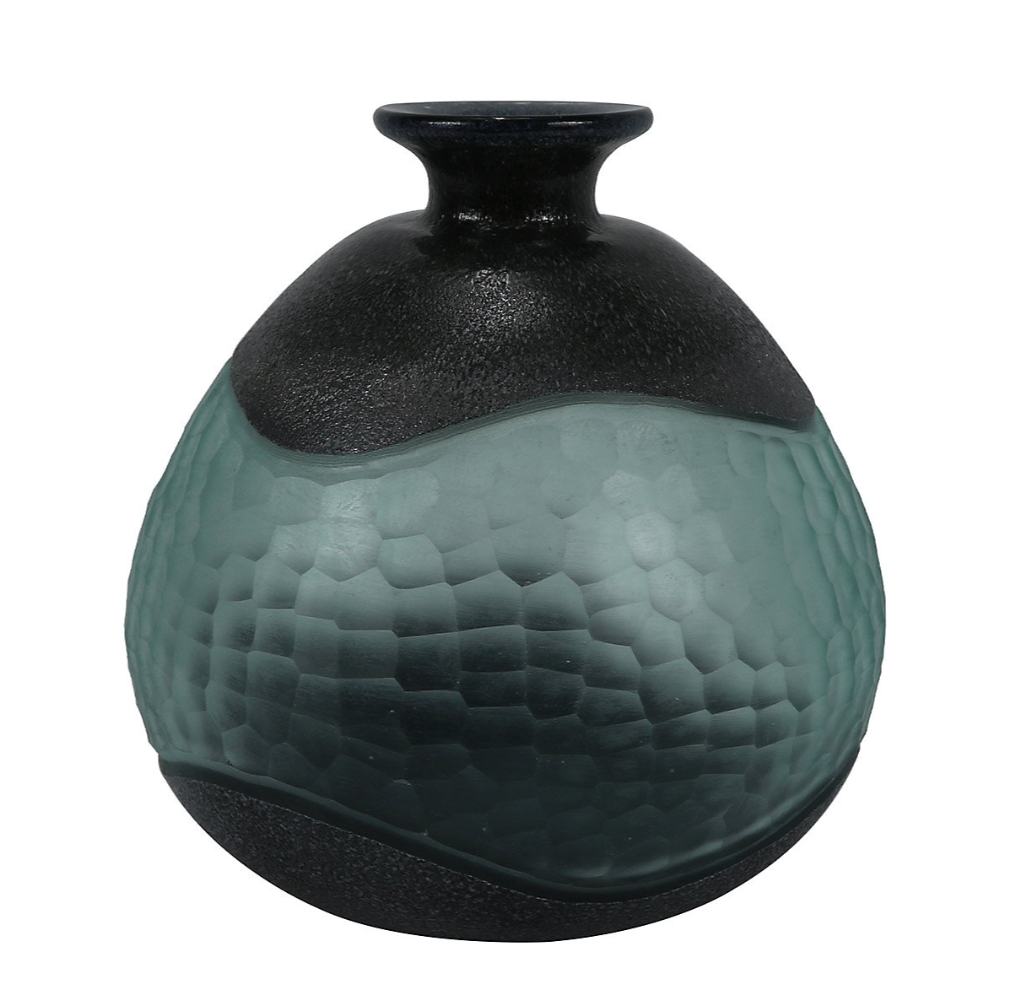 Black & Green Handmade Glass Design Vase, dark neck and smoky green faceted body, on white