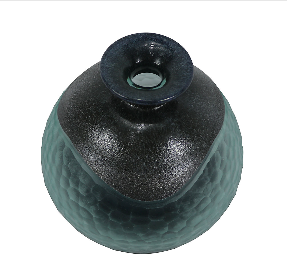 Black & Green Handmade Glass Design Vase from above, showing the black textured neck