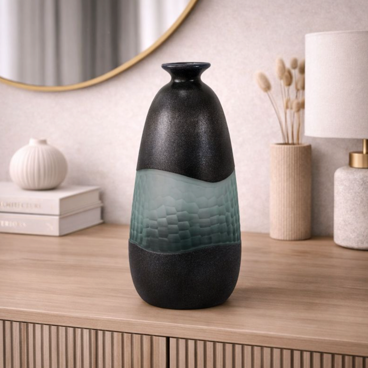 Black & Green Handmade Glass Design Vase, tall black and smoky green vase on a sideboard