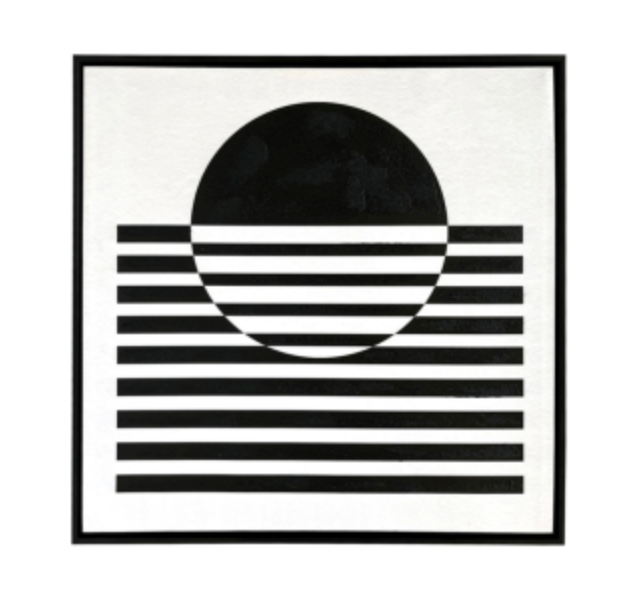 Black & White Lines Abstract Framed Canvas, front view of the black circle and horizontal stripe design
