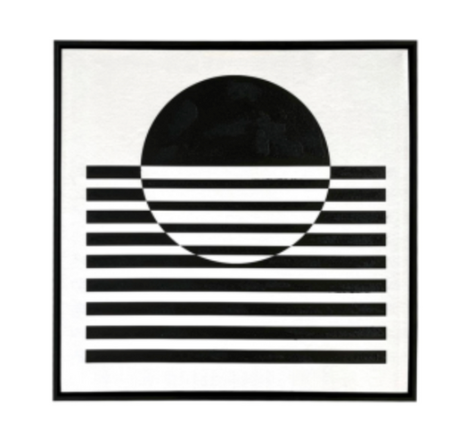 Black & White Lines Abstract Framed Canvas, front view of the black circle and horizontal stripe design