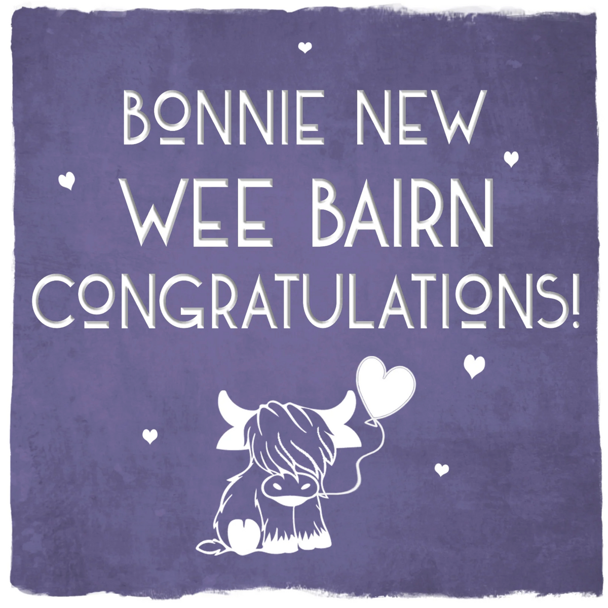 Bonnie New Wee Bairn Highland Cow Greetings Card reading Congratulations with a baby Highland cow on purple