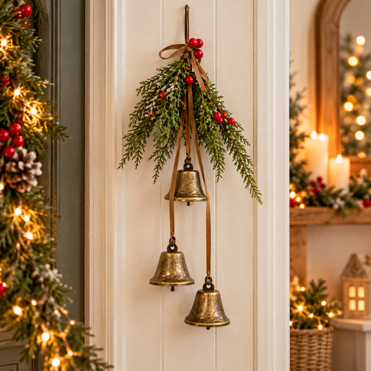 Hanging Bells With Faux Berry Foliage, three antique gold metal bells with festive greenery and red berries
