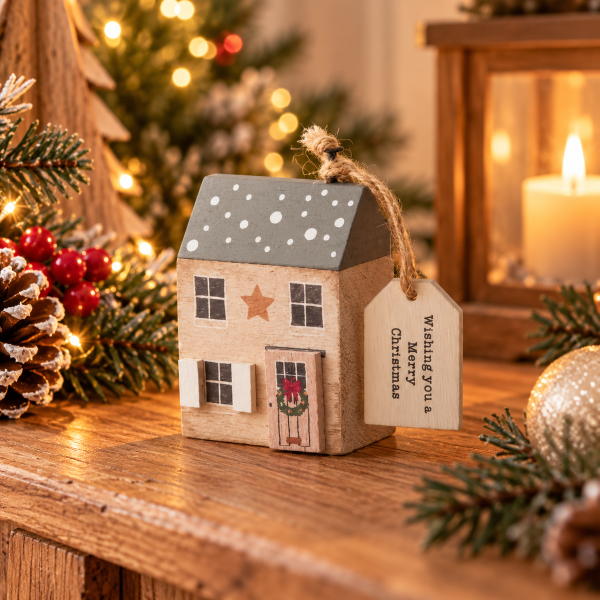 Wishing You A Merry Christmas wooden house decoration with a snowy grey roof, star and wreath on the door