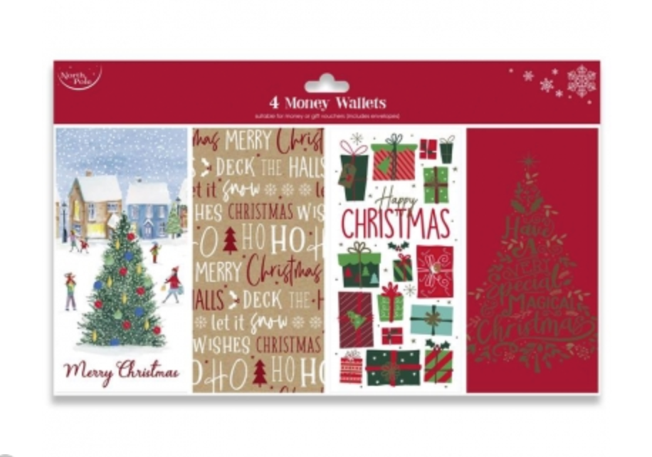 Christmas Money Wallet, Pack of 4 in its packaging, showing four festive designs including a tree and wrapped gifts