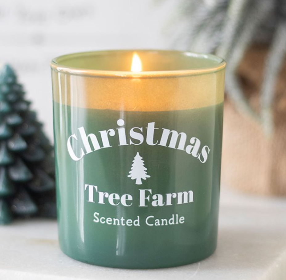 Christmas Tree Farm Boxed Scented Candle lit in green glass with white tree lettering