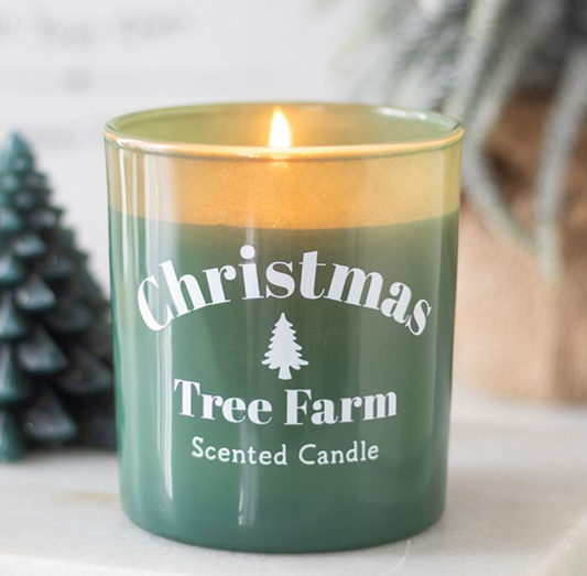 Christmas Tree Farm Boxed Scented Candle lit in green glass with white tree lettering