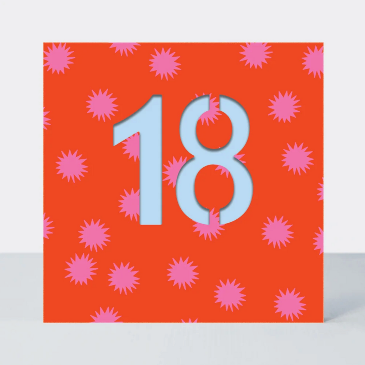 Colourful 18th Birthday Greetings Card with a cut-out 18 on an orange-red background dotted with pink flowers