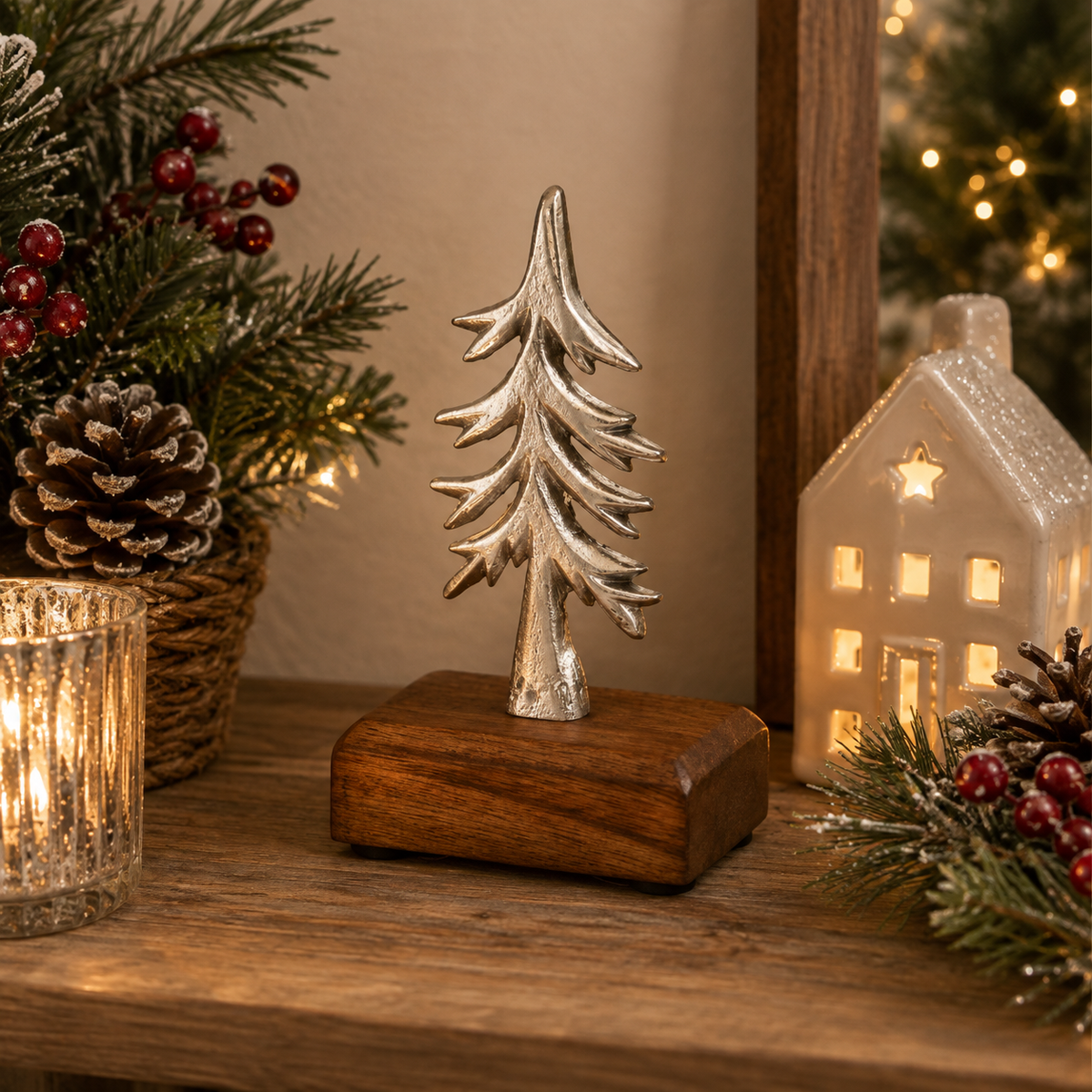 Silver Metal Christmas Tree on Wooden Base