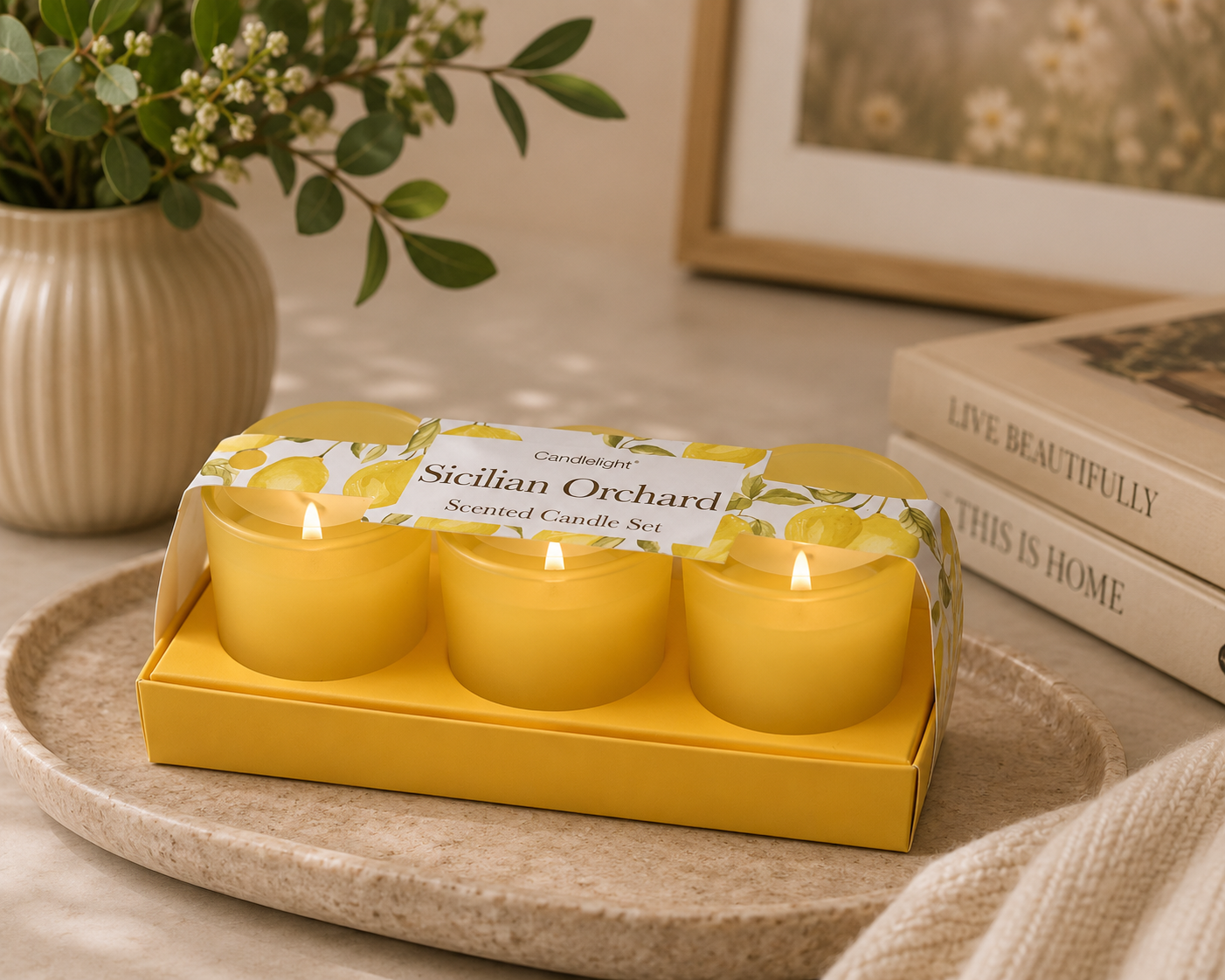 Sicilian Orchard Set of 3 Mini Votives Candles in Gift Box Basil and Wild Lemon Scent