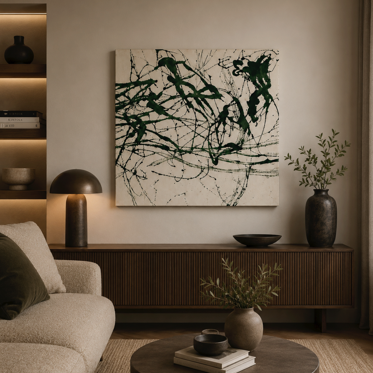 Dark Green & White Abstract Canvas with loose green brushstrokes, hung above a dark wood sideboard