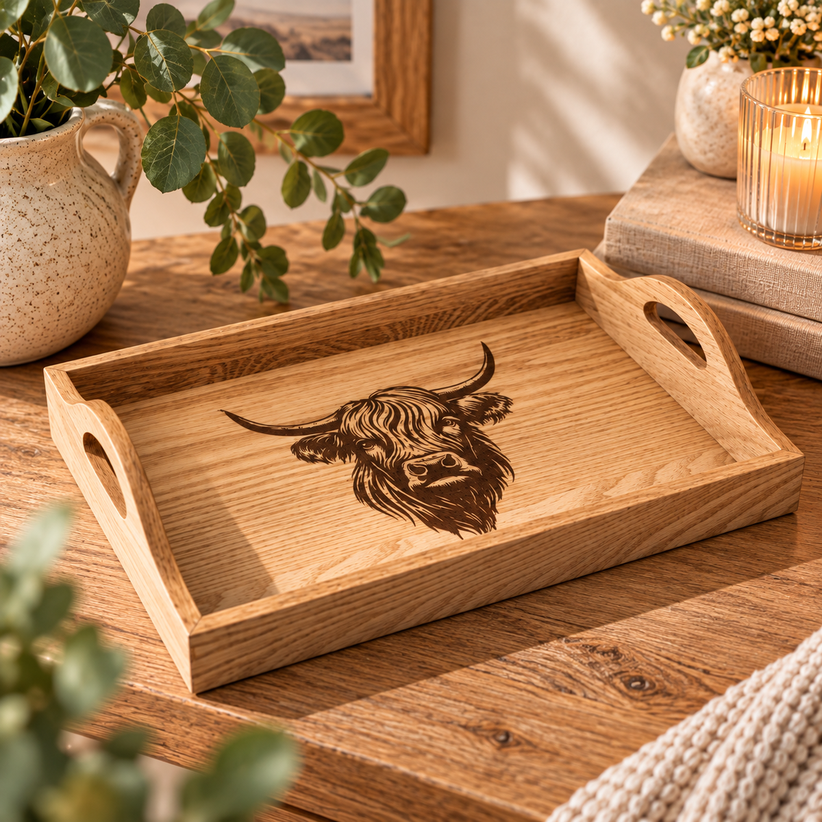 Highland Cow Wooden Tray in natural wood with a detailed Highland cow design and cut-out handles