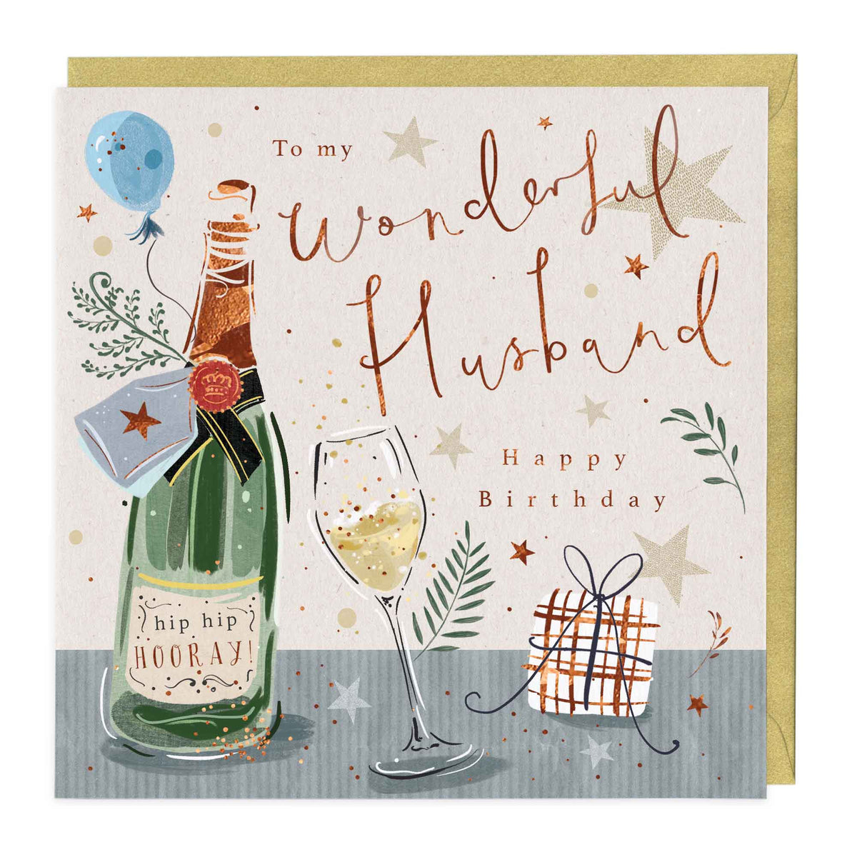 Husband Champagne and Present Birthday Card