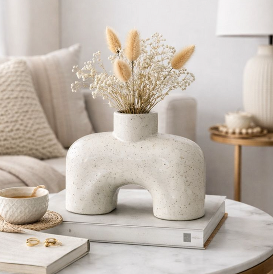 Earthenware Vase, cream arch-shaped textured vase with dried flowers on a coffee table