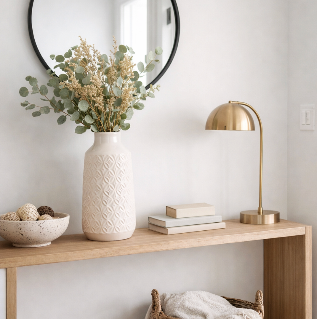 Embossed Ceramic Vase with Geometric Pattern, Large, with dried flowers on a hall console by a mirror
