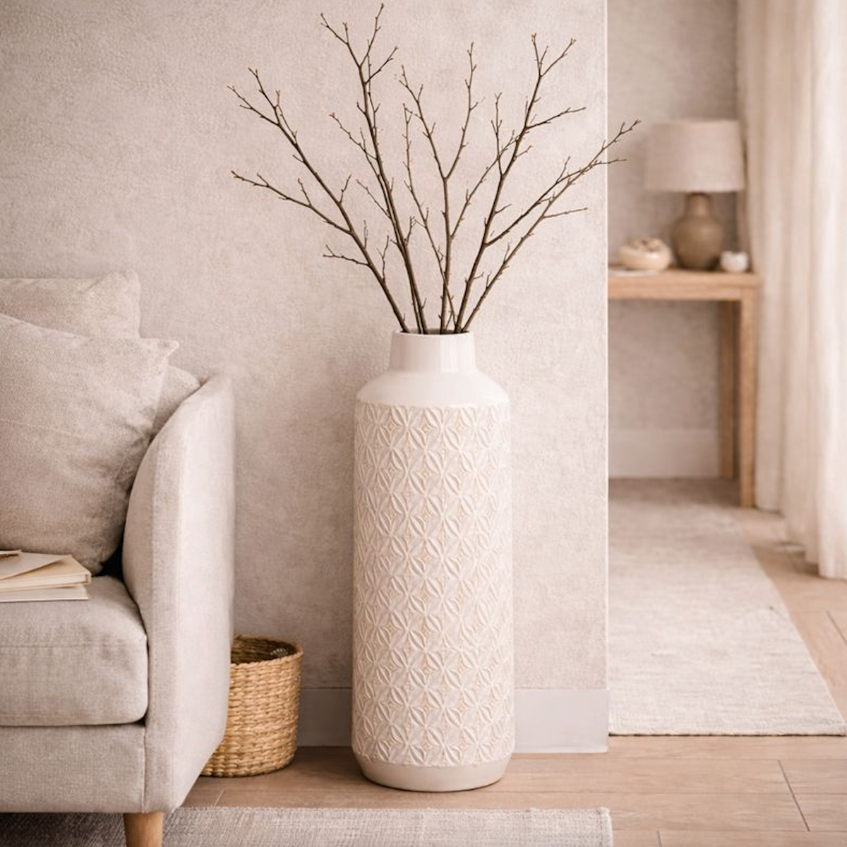 Embossed Ceramic Vase with Geometric Pattern, X-Large, cream floor vase with bare branches by a sofa