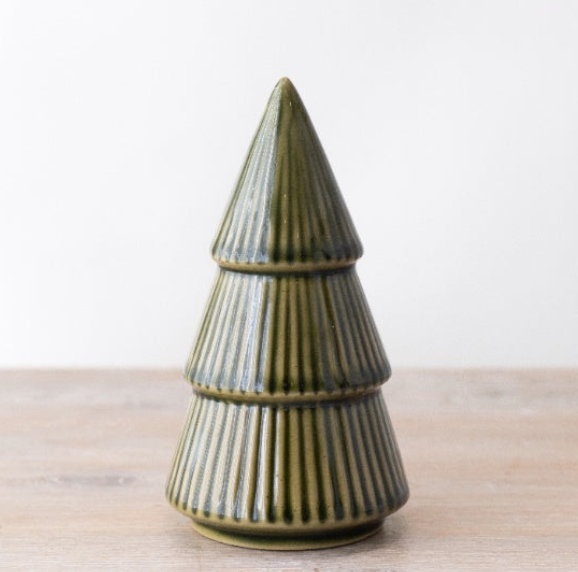Emerald Green Ceramic Christmas Tree Ornament - Large, glossy green ribbed tree, close view
