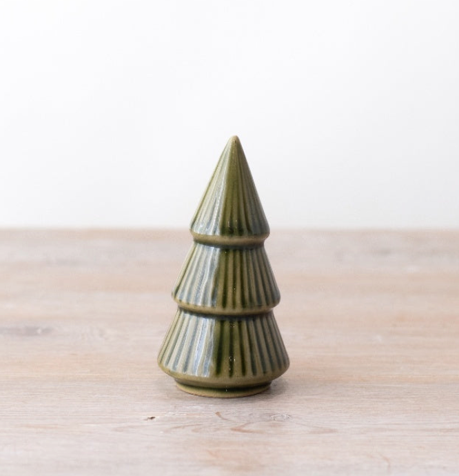 Emerald Green Ceramic Christmas Tree Ornament - Small, glossy green ribbed tree on wood