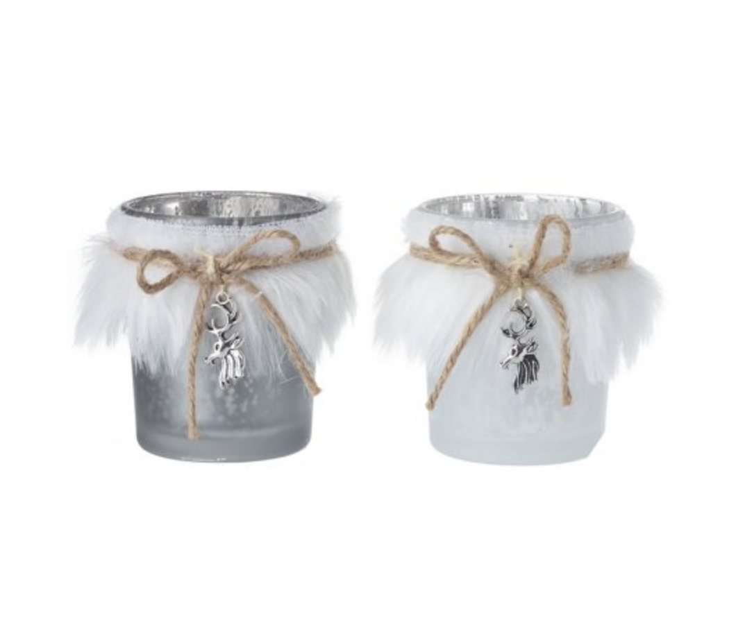 Faux Fur Candle Pot with Reindeer, two silver glass pots with white faux fur and reindeer charms on twine