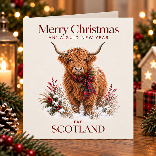 Merry Christmas Fae Scotland Highland Coo Card