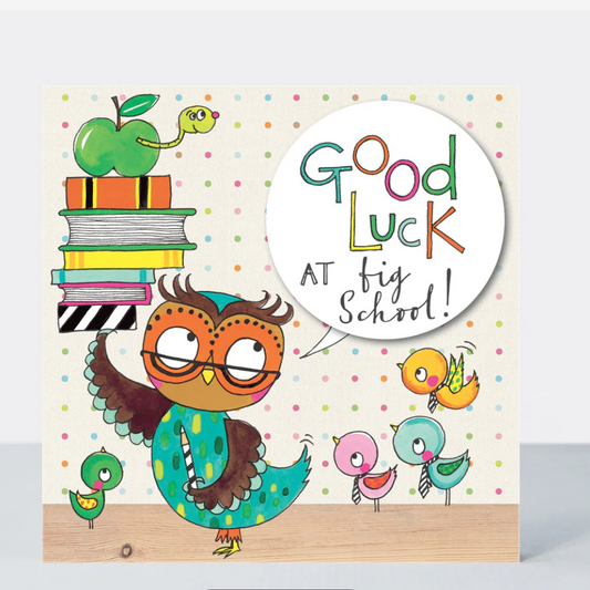 Good Luck at Big School Card with a cartoon owl, books and an apple, and colourful Good Luck lettering
