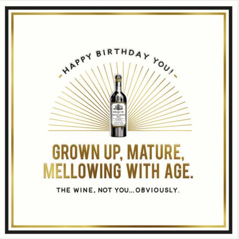 Grown Up, Mature, Mellowing With Age greetings card with a wine bottle illustration and gold lettering