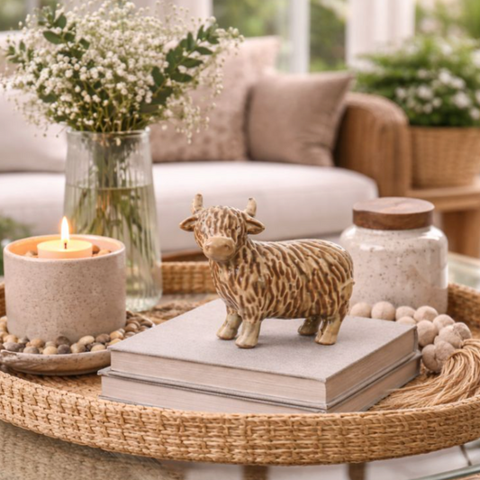Hamish the Highland Coo, Small Glazed Ornament, on stacked books with candles and flowers on a woven tray