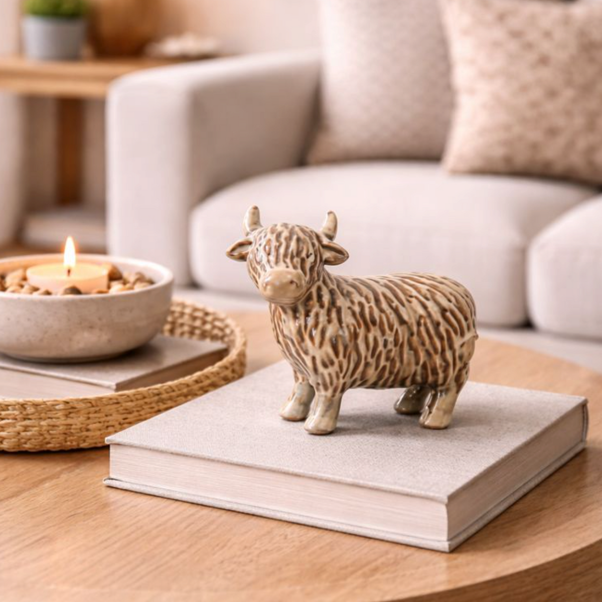 Hamish the Highland Coo, Small Glazed Ornament, a gold-glazed shaggy cow figure on a book on a coffee table