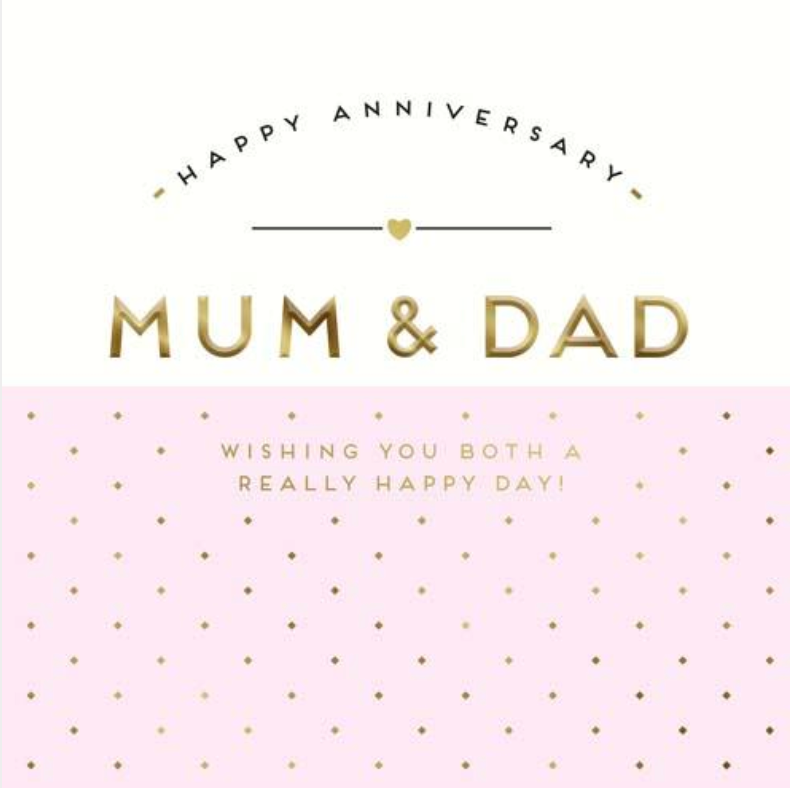 Happy Anniversary Mum & Dad card with gold lettering above a pink polka dot panel