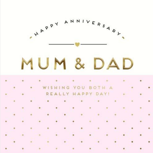 Happy Anniversary Mum & Dad card with gold lettering above a pink polka dot panel