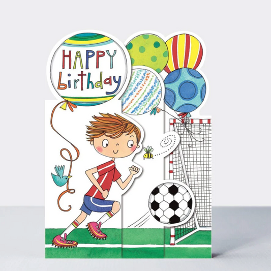 Happy Birthday Football Card, a die-cut greetings card with a boy kicking a football and balloons