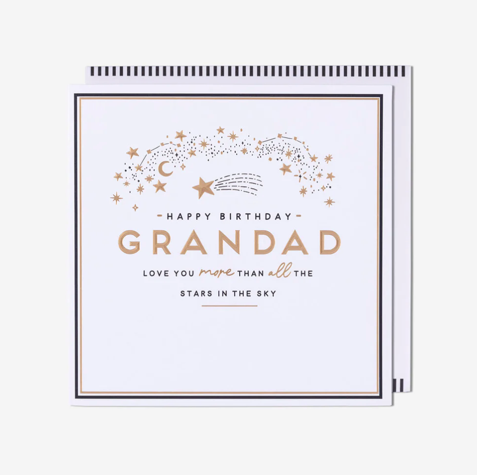 Happy Birthday Grandad Love You More Than All The Stars card with gold Grandad lettering and a shooting star