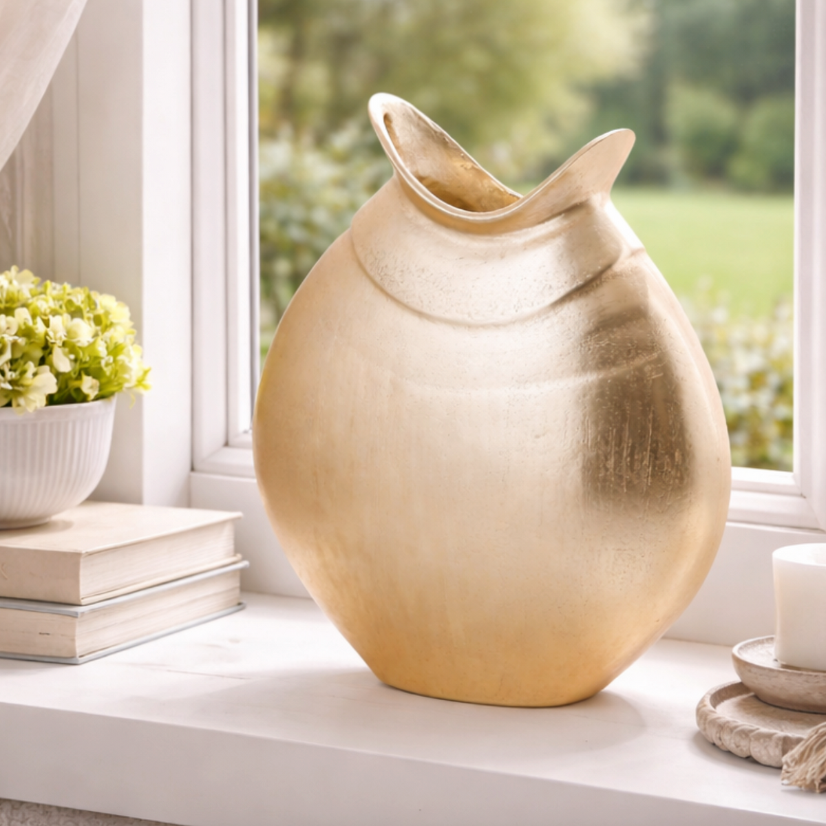 Helios Gold Metal Vase, Large, a rounded brushed gold vase with an angled lip, on a white windowsill