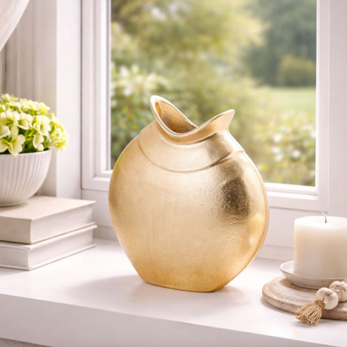 Helios Gold Metal Vase, Medium, a round brushed gold vase on a windowsill beside a candle and plant