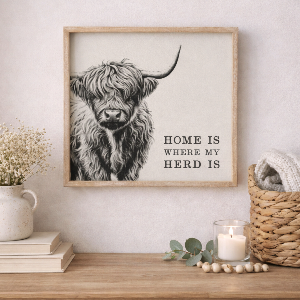 Highland Cow Home Is Where My Herd Is wooden frame, black and white cow print on a shelf