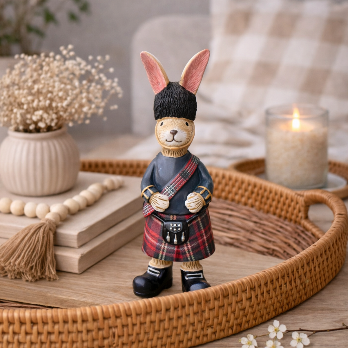 Jasper Rabbit Tartan figure in kilt and Glengarry hat on a rattan tray