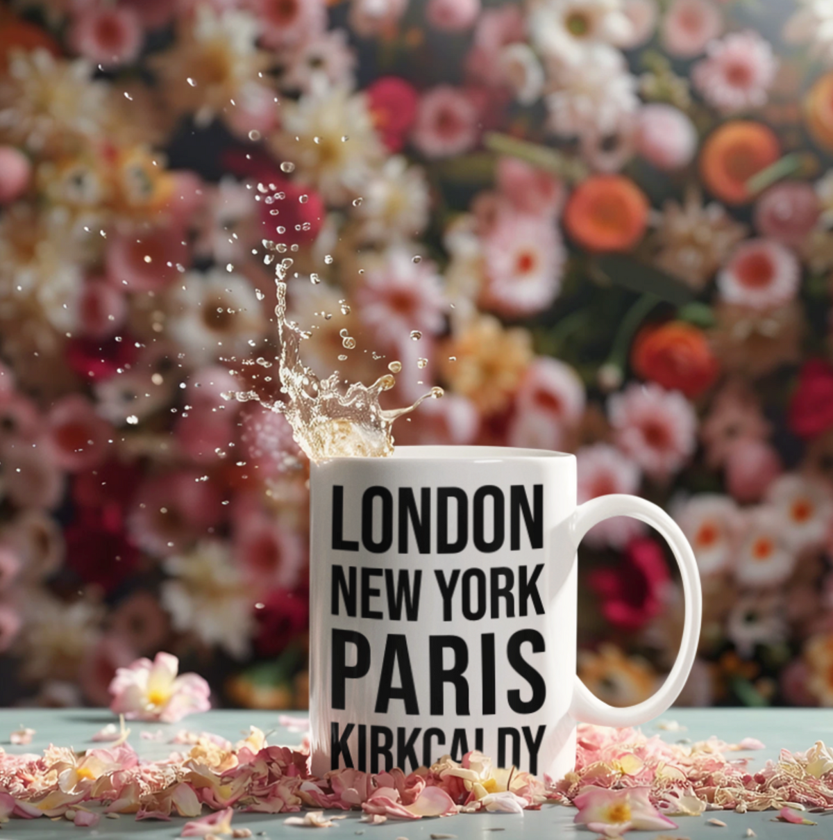Kirkcaldy Mug in white with black city name lettering, set against a backdrop of pink and red flowers