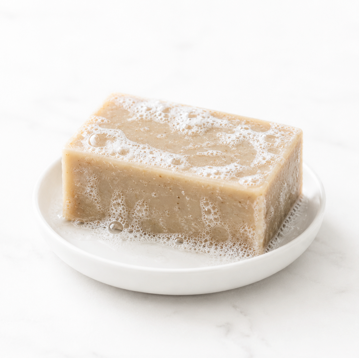 Klay Soap Honey & Oatmeal, a cream oat-flecked handmade soap bar on a white soap dish