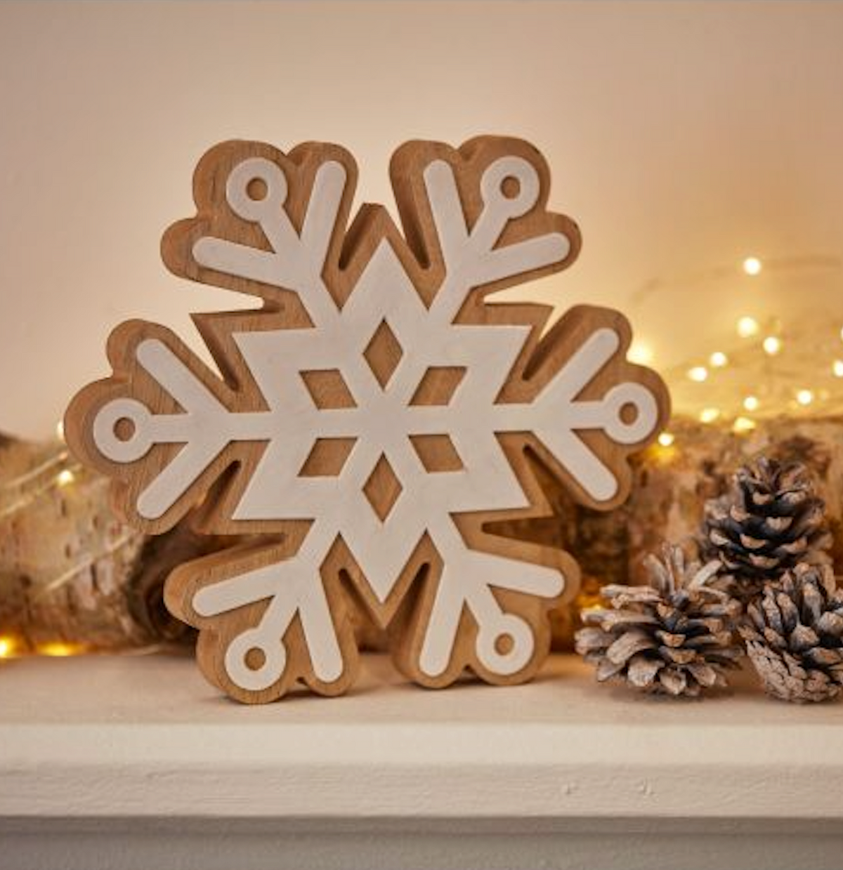 Large Wooden Standing Snowflake Decoration in white and natural wood with pine cones and lights