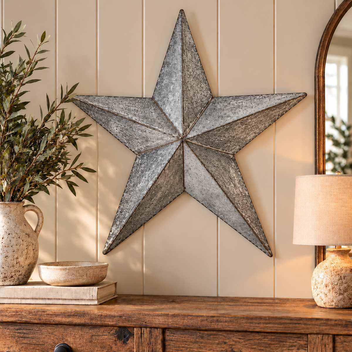 A large galvanized metal star wall decor.