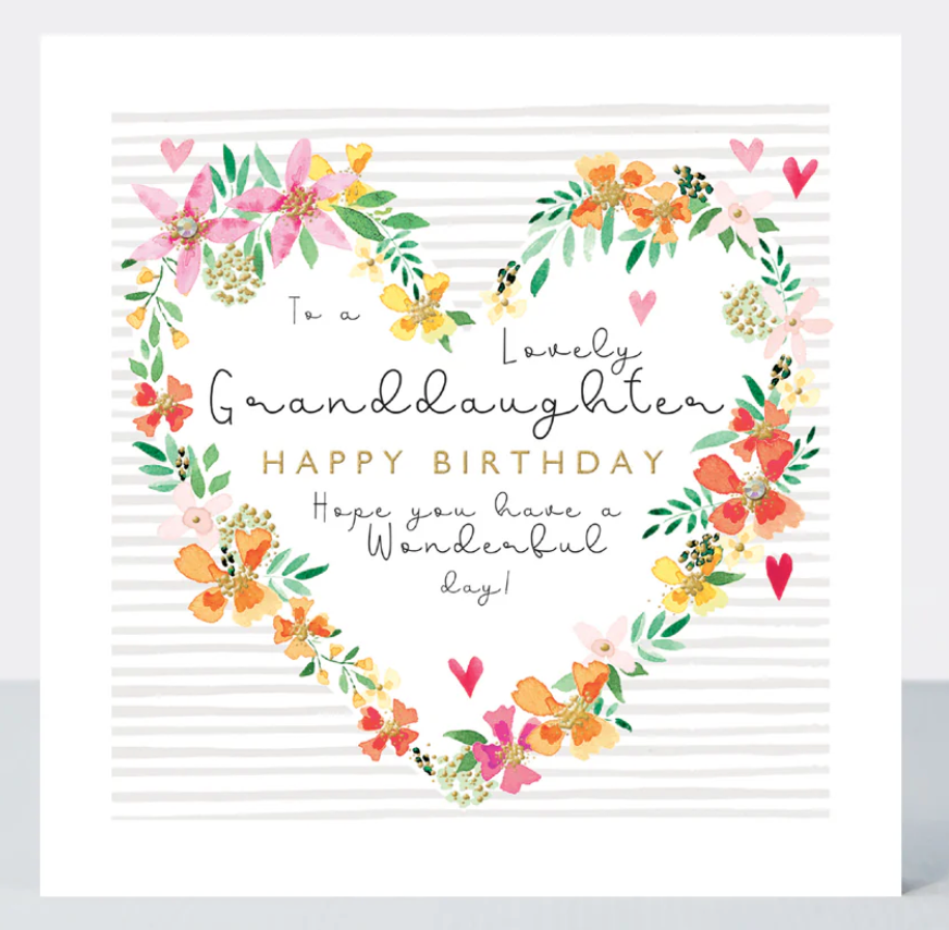 Lovely Granddaughter Heart Birthday Card with a heart-shaped wreath of bright flowers around the wording