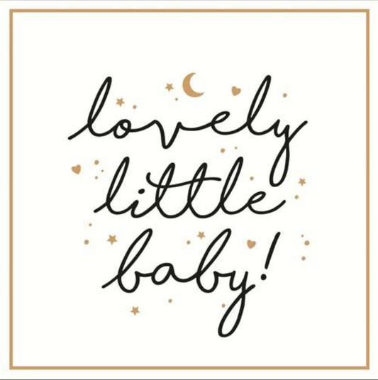 Lovely Little Baby greetings card with black handwritten script and small gold stars on a white background