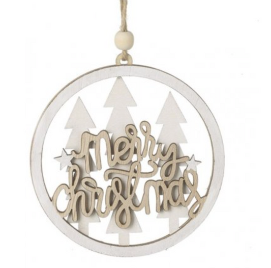 Merry Christmas Cut Out Hanging Decoration, round white wooden bauble with bead hanger, on white
