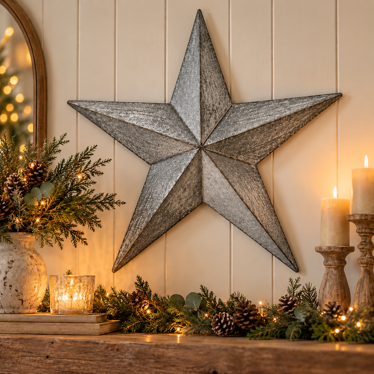 A rustic five-point star wall decor piece with a distressed silver-gray finish