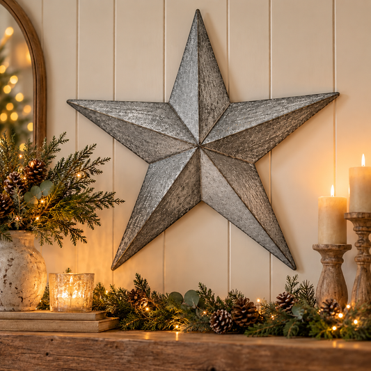 A rustic five-point star wall decor piece with a distressed silver-gray finish